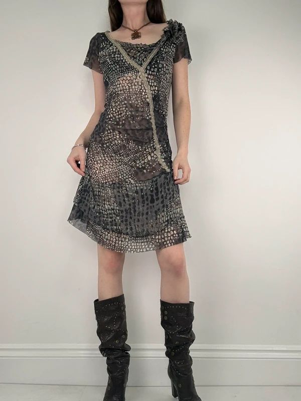 slouchy grey polkadot snake cowl neck draped mini dress