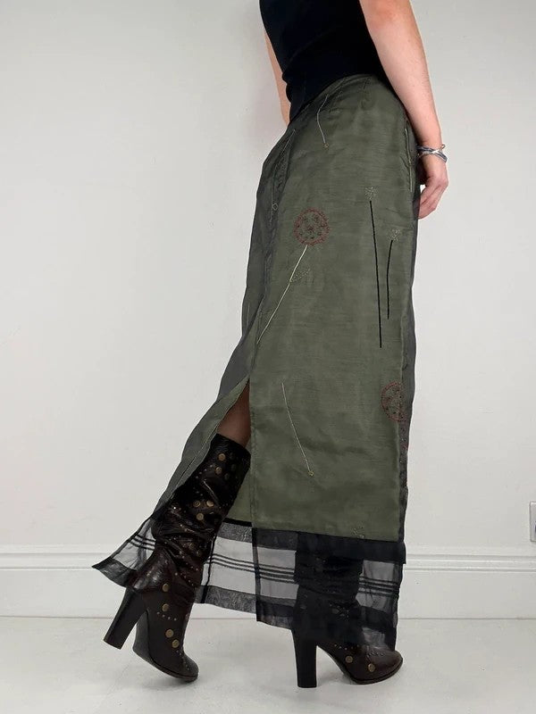 Green embroidered layered a-line maxi skirt
