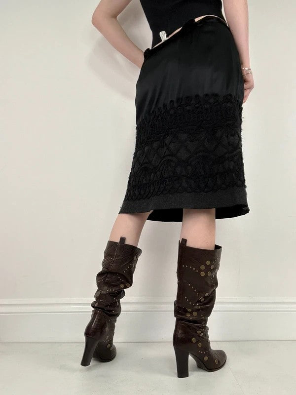 black silk embroidered napoleonic wool midi skirt