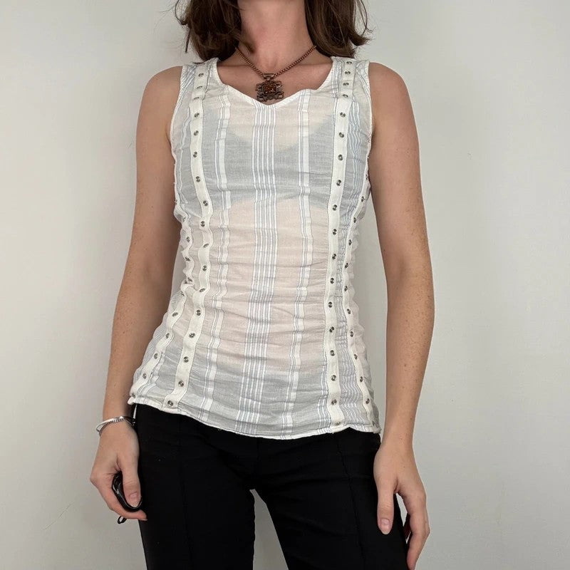 white cotton textured pinstripe popper vest top