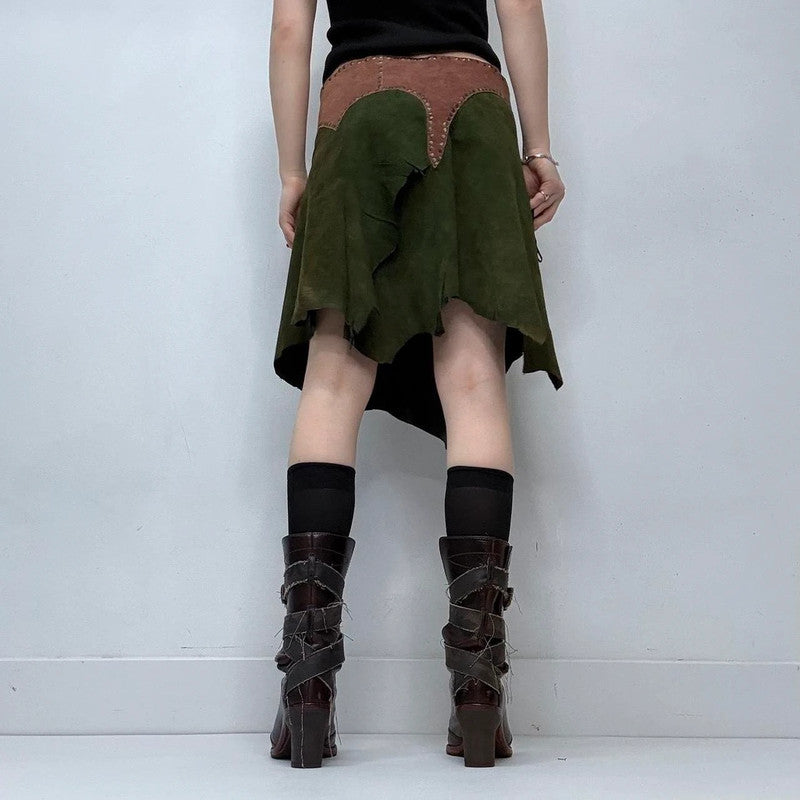 khaki green studded boho leather skirt belt