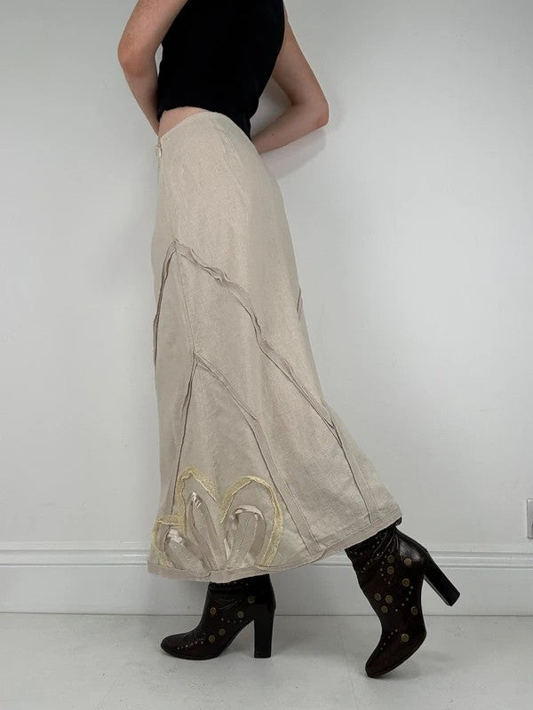 Beige linen flared flower ribbon skirt