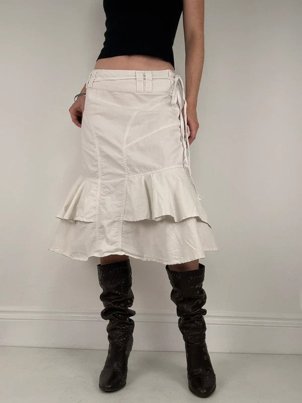 white ruffle low rise layered midi skirt