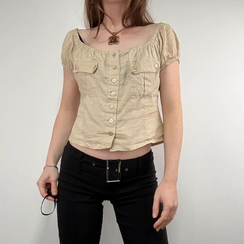 tan linen pleated button through slouchy blouse