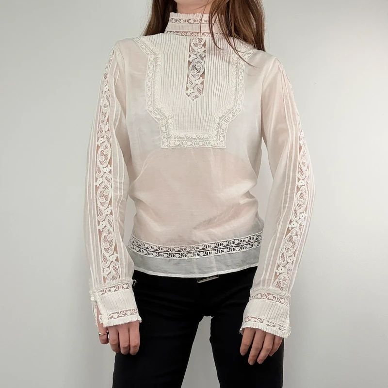 white pleated lace blouse