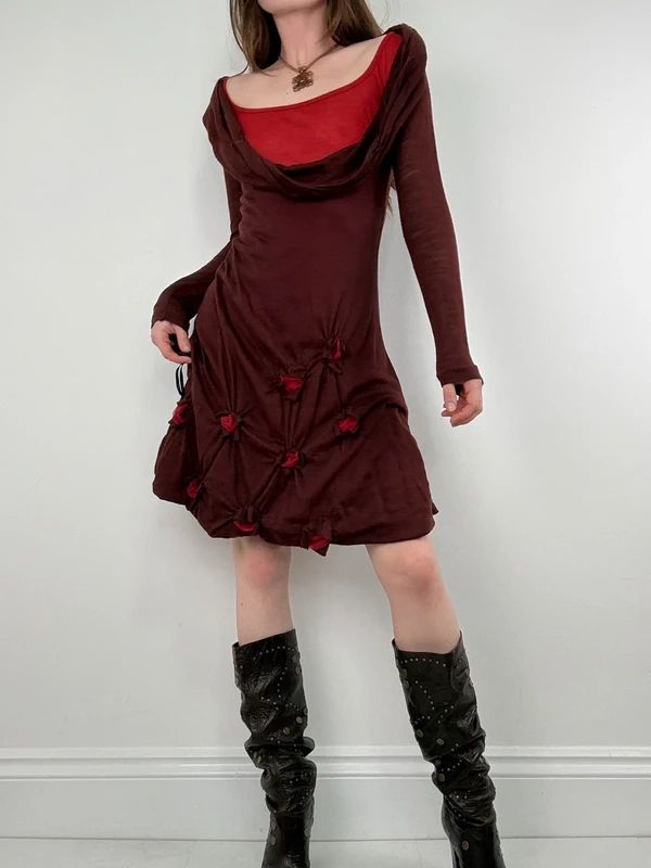 layered cinched long sleeve burgundy flared dress