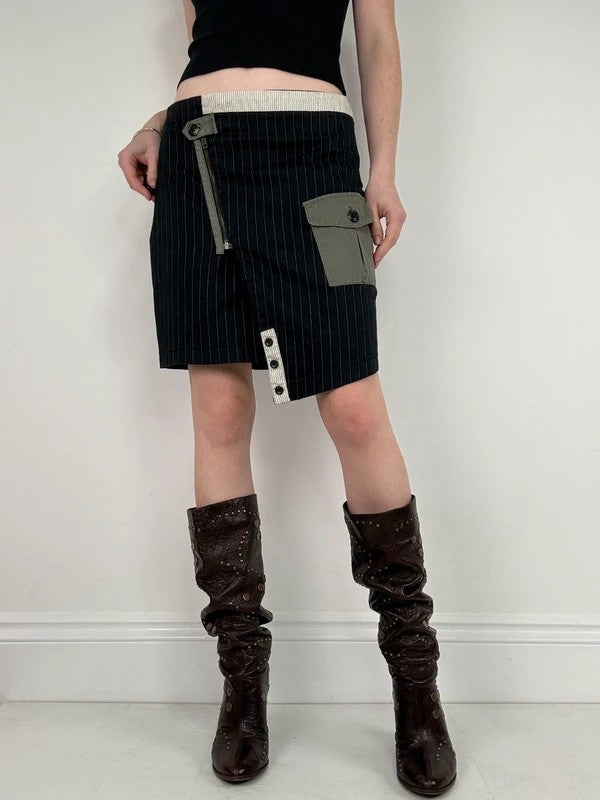 asymmetric deconstructed black pinstripe midi skirt