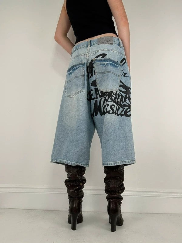oversized wide leg denim jorts with graphic print