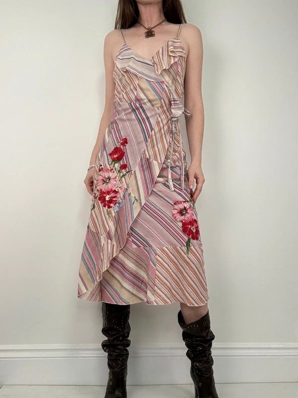 pink pinstripe flared ruffle maxi dress