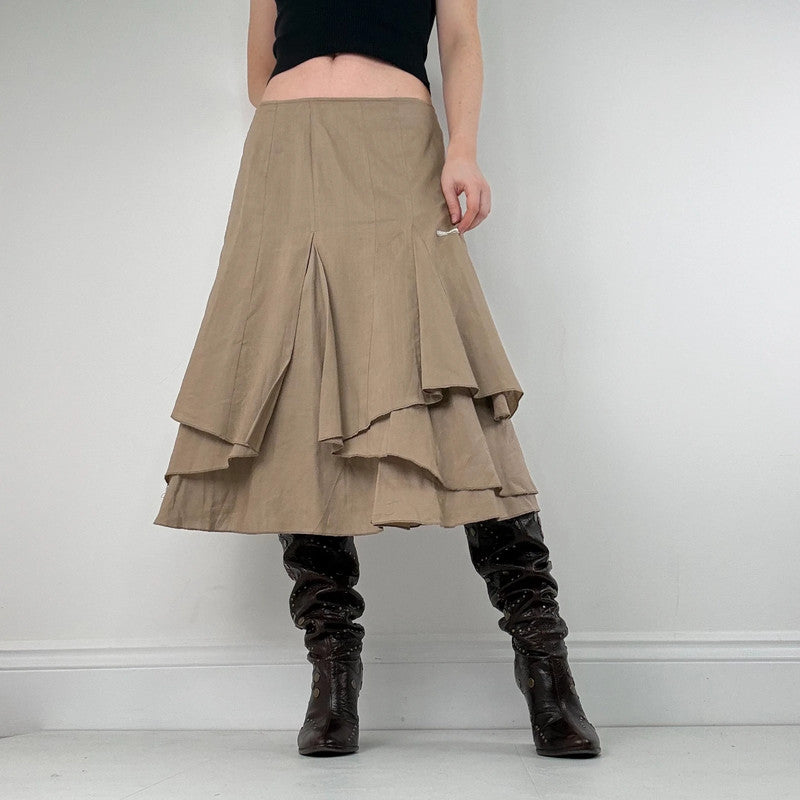 tan linen pleated asymmetric midi skirt