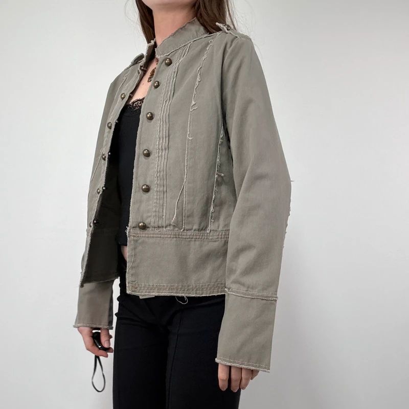 khaki military cotton utility jacket with hook and eyes