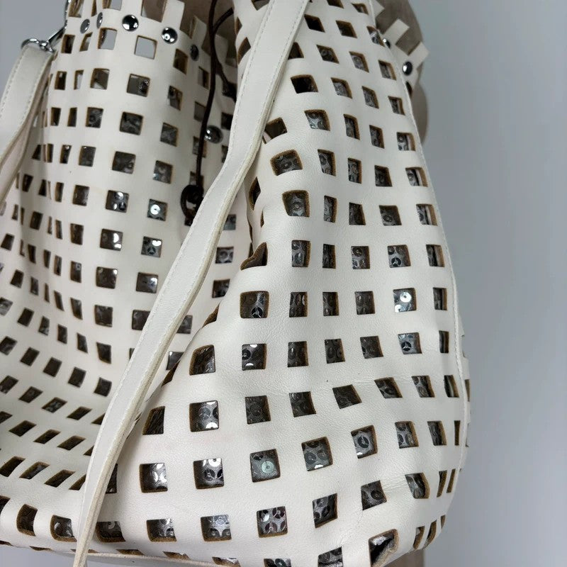 Studded faux-leather woven glitter hobo bag