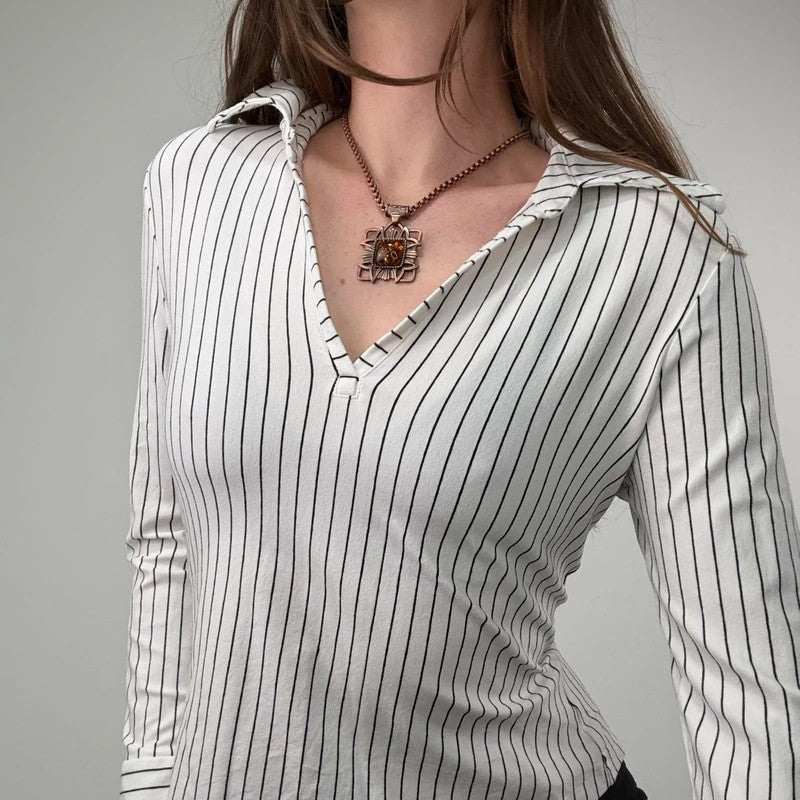 white pinstripe fitted flared shirt