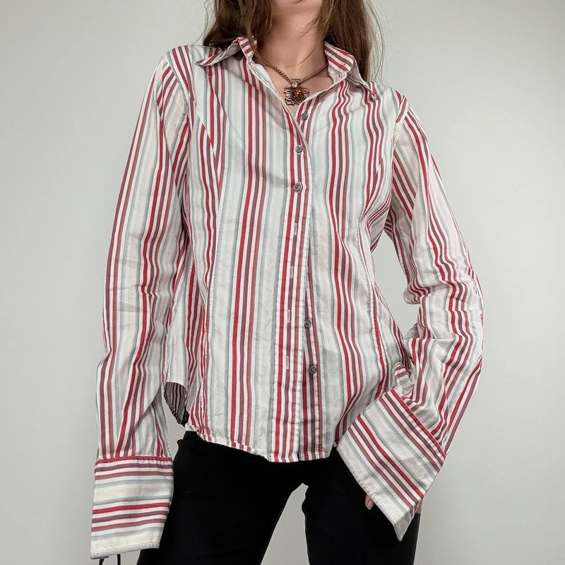 pinstripe preppy fitted flared white and red shirt