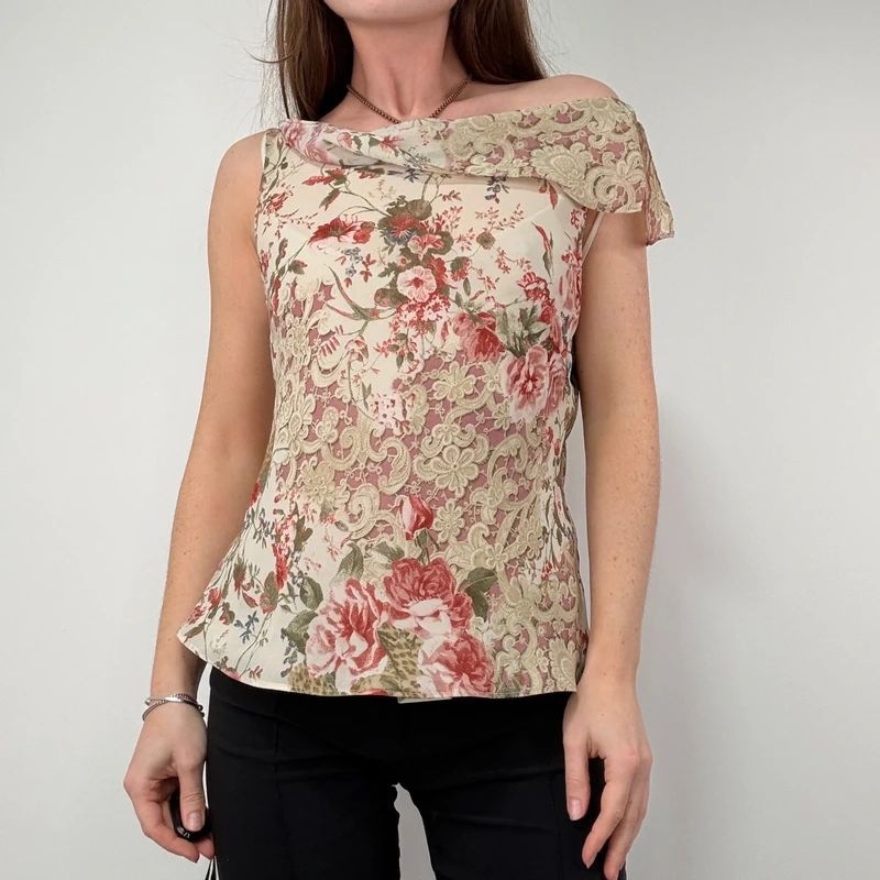 Lace Print cowl neck Drape Vest