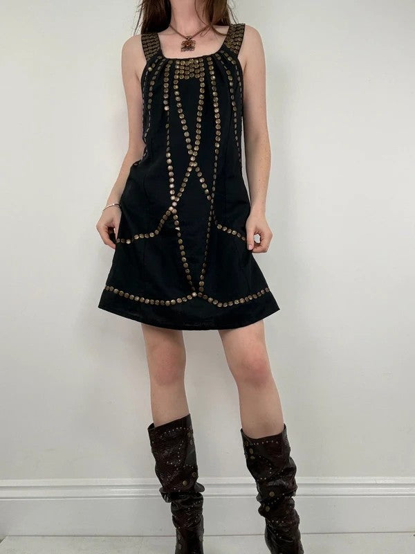 black linen metal gold studded mini Y2K party dress