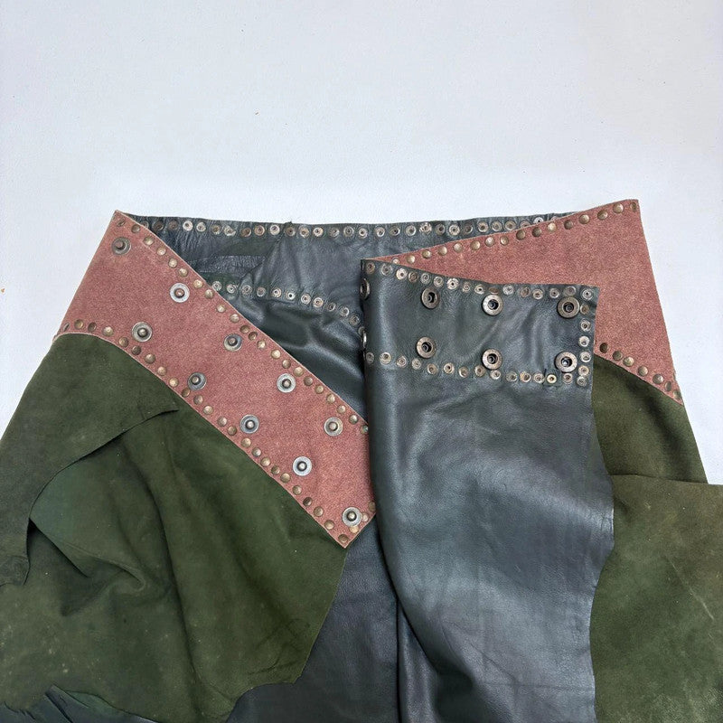 khaki green studded boho leather skirt belt