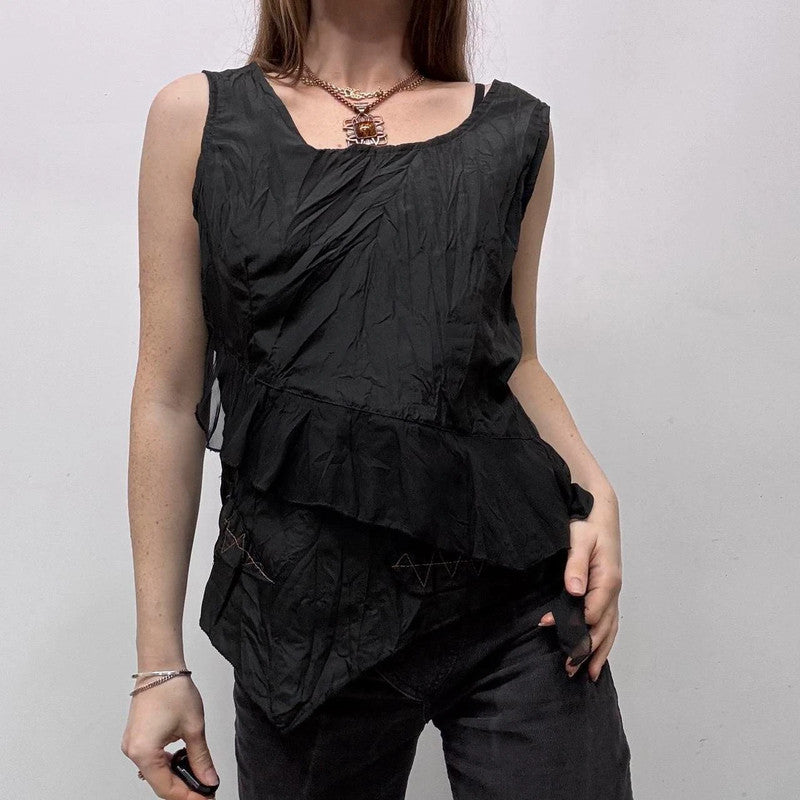 black crinkle layered flared vest