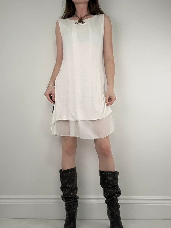 white a-line layered midi dress