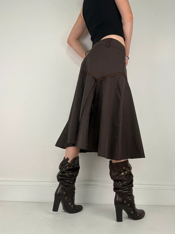 brown asymmetric waistband flared midi skirt