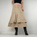 tan linen layered pinstripe midi skirt