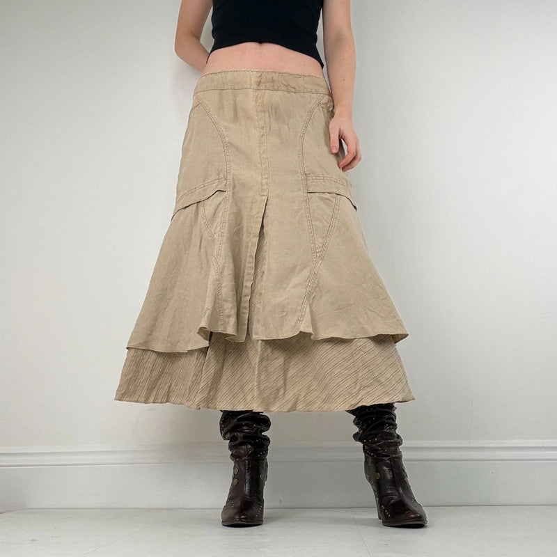 tan linen layered pinstripe midi skirt