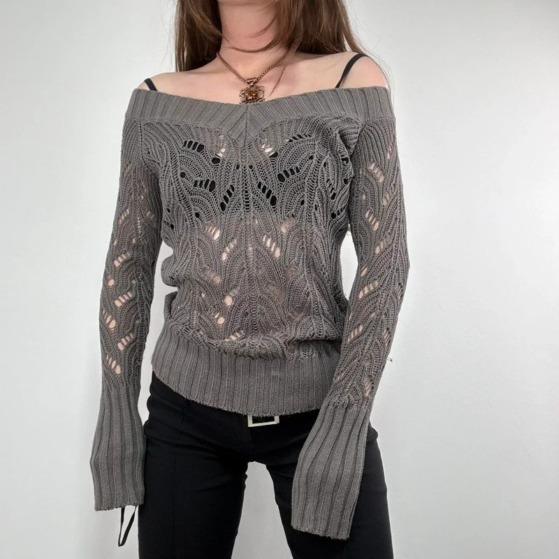 khaki lace knit off the shoulder slouchy jumper