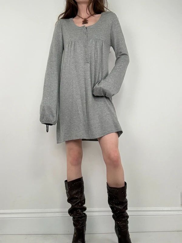slouchy grey knit long sleeve mini dress