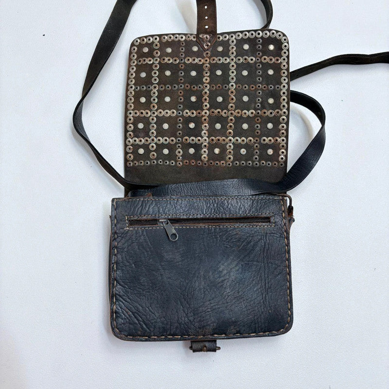 black leather studded coin bag