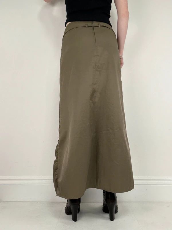 khaki utility gathered maxi skirt