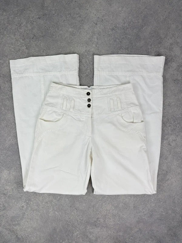 white flared wide leg button front cotton trousers