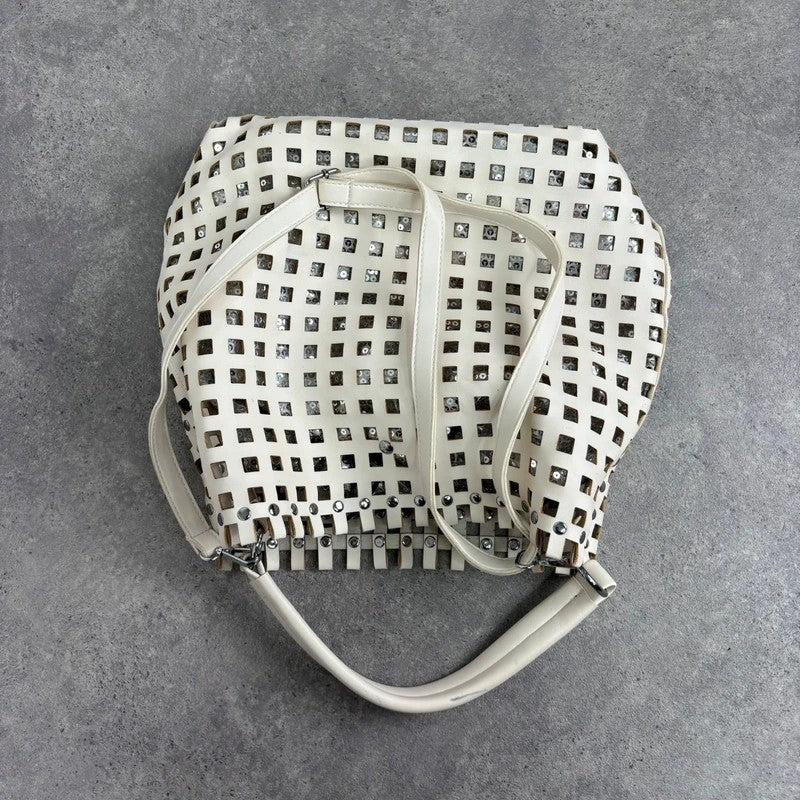 Studded faux-leather woven glitter hobo bag