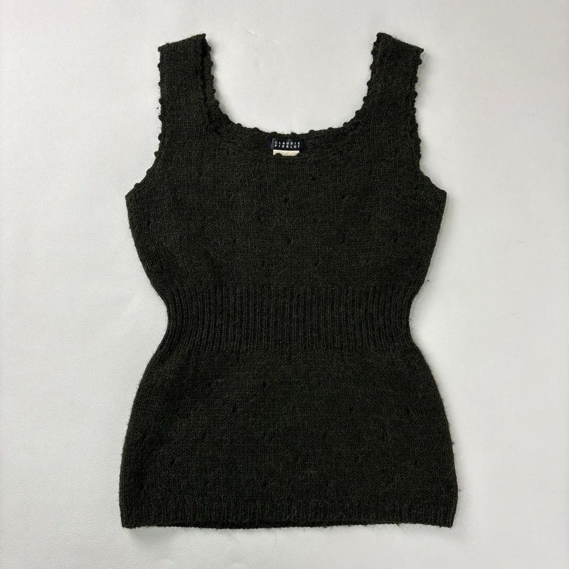 khaki knitted mohair pointelle vest