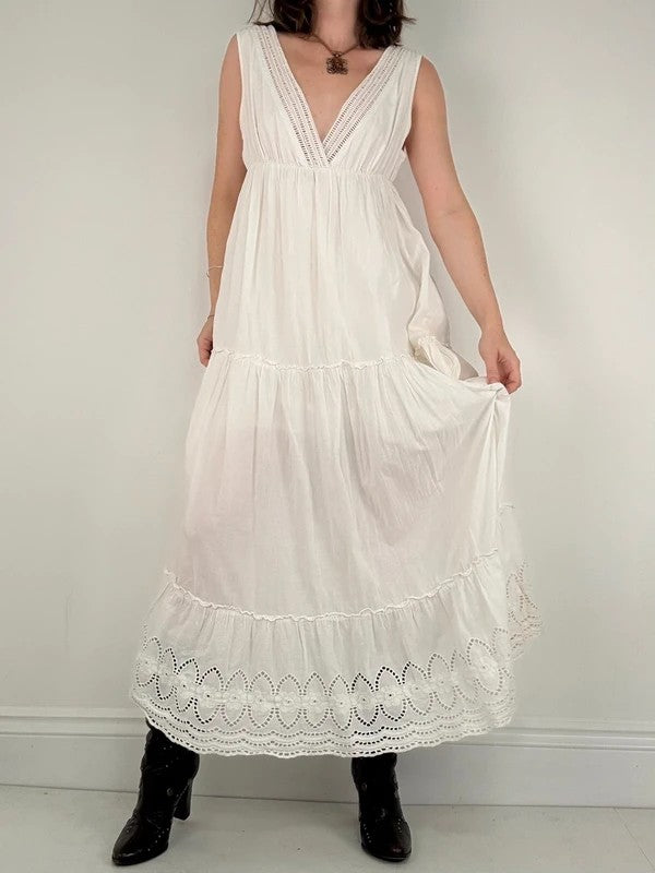 white cotton lace pleated tiered maxi dress