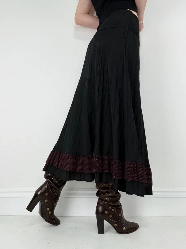 black crinkle flared pleated maxi skirt