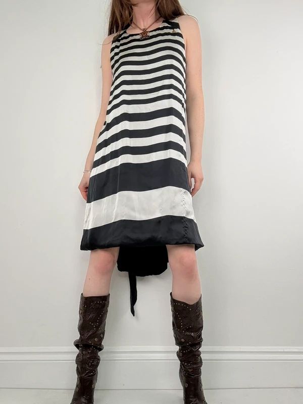 Navy and white striped asymmetric midi dress