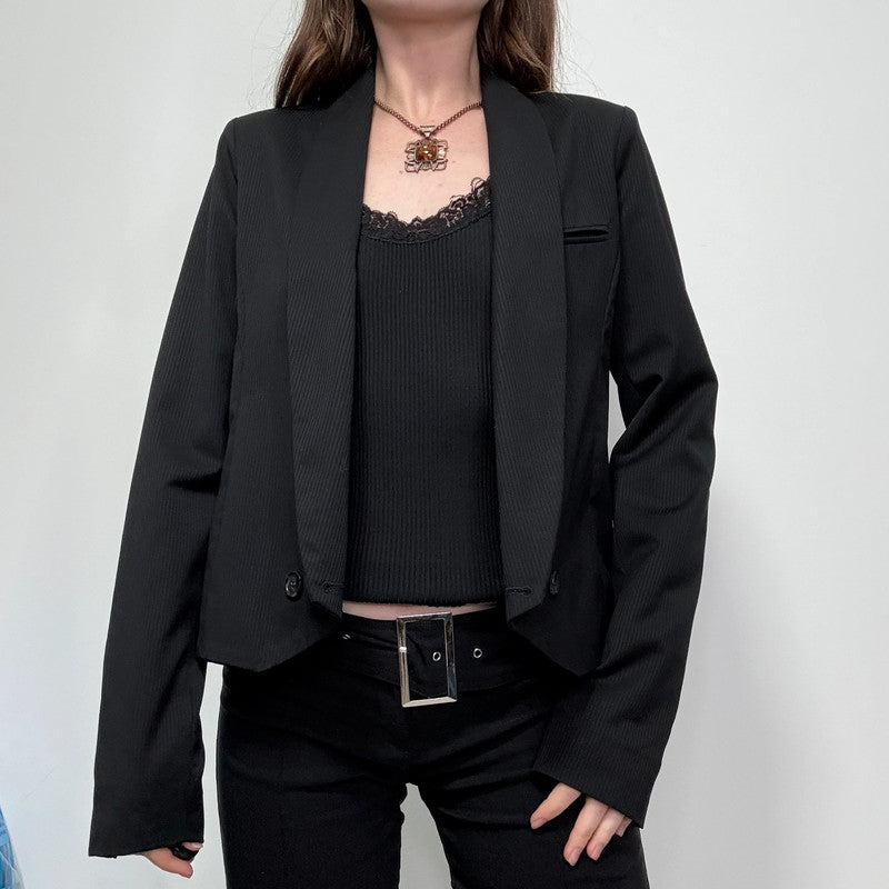 cropped black pinstripe asymmetric jacket