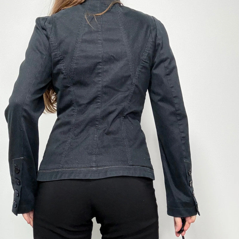 navy pinstripe fitted asymmetric jacket
