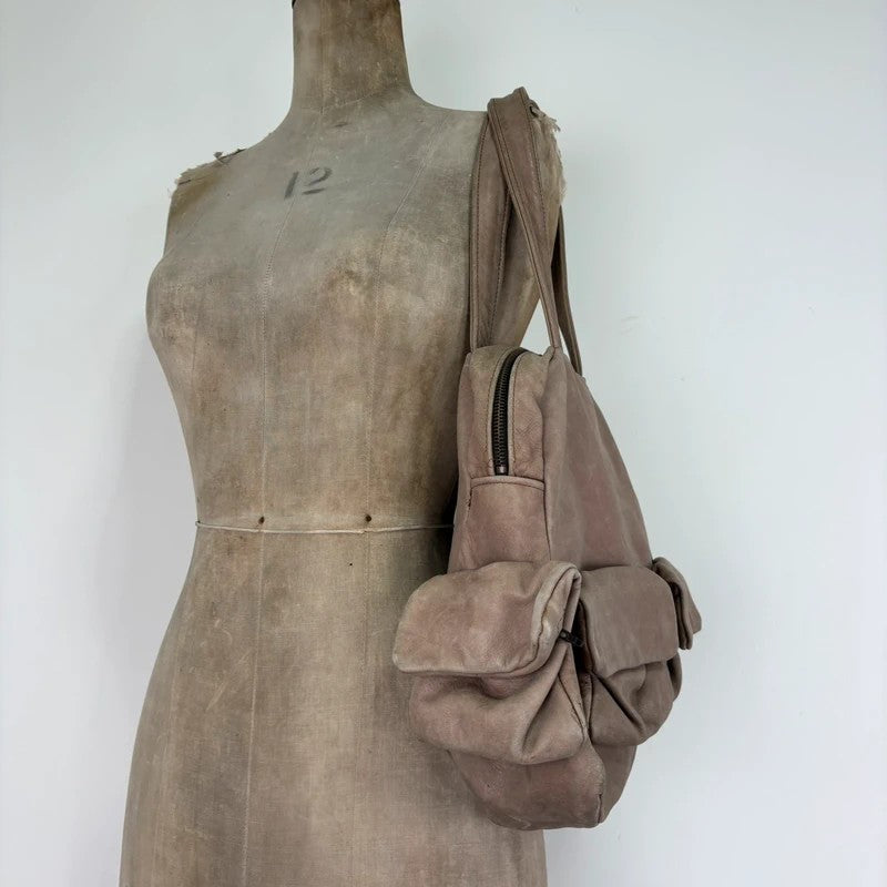 Dusty pink distressed leather cargo slouchy pocket bag