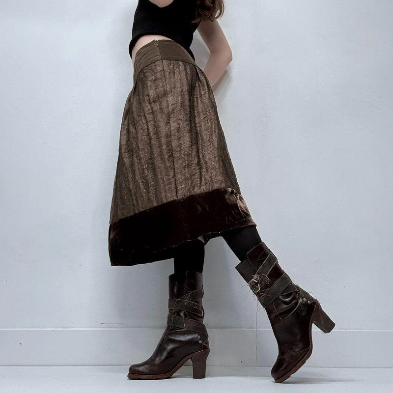 brown layered mesh velvet skirt
