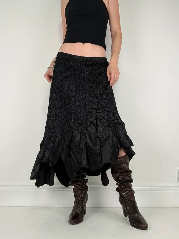 Black crinkle pleated cinched ruffle maxi skirt