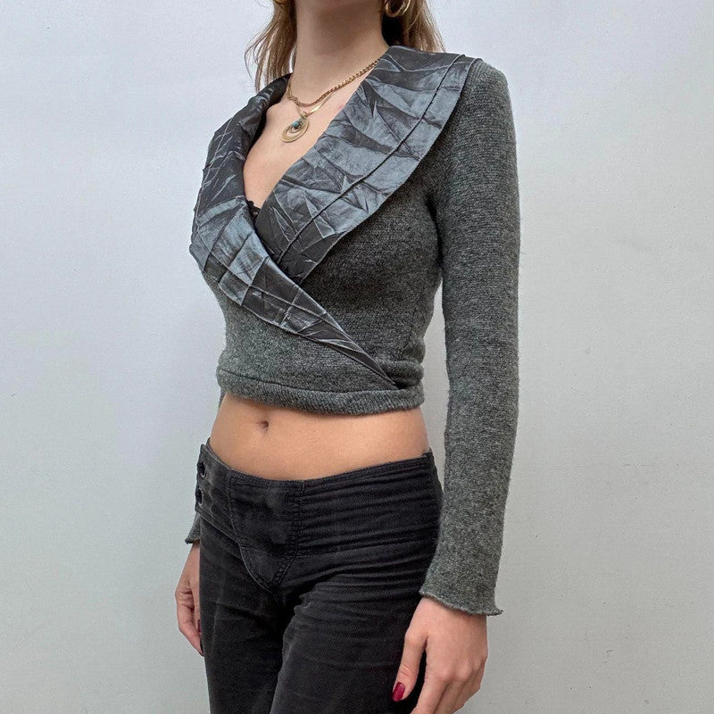 knitted cross-over frilly lace croped cardi