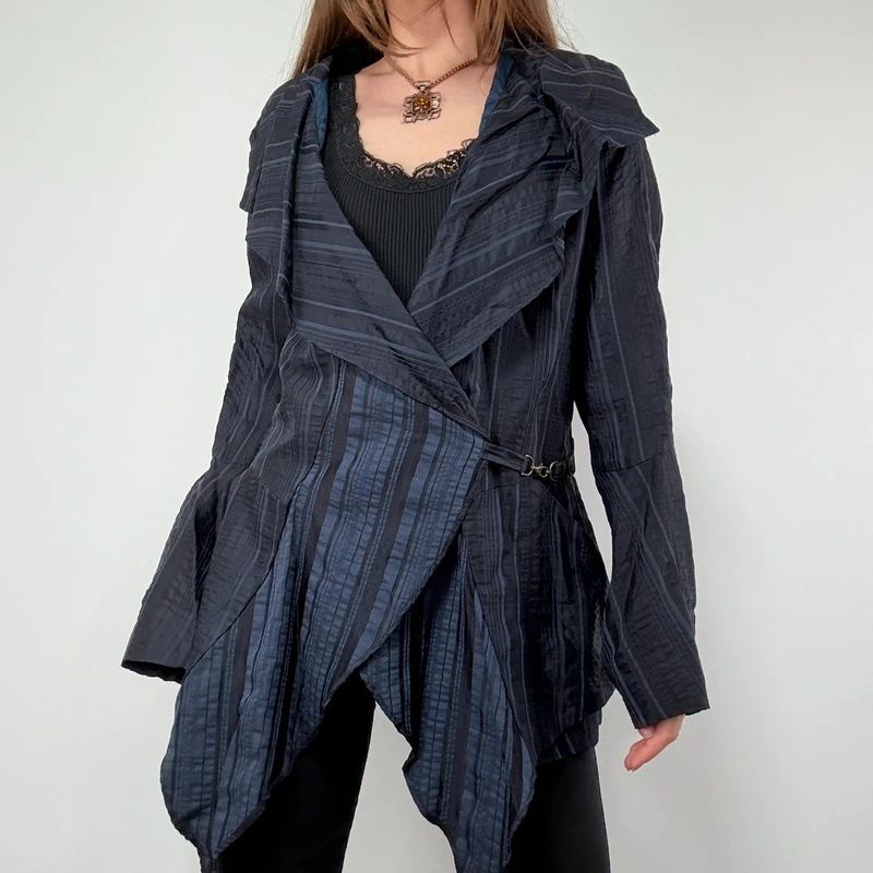 Navy Pinstripe Asymmetric Ruffle Jacket