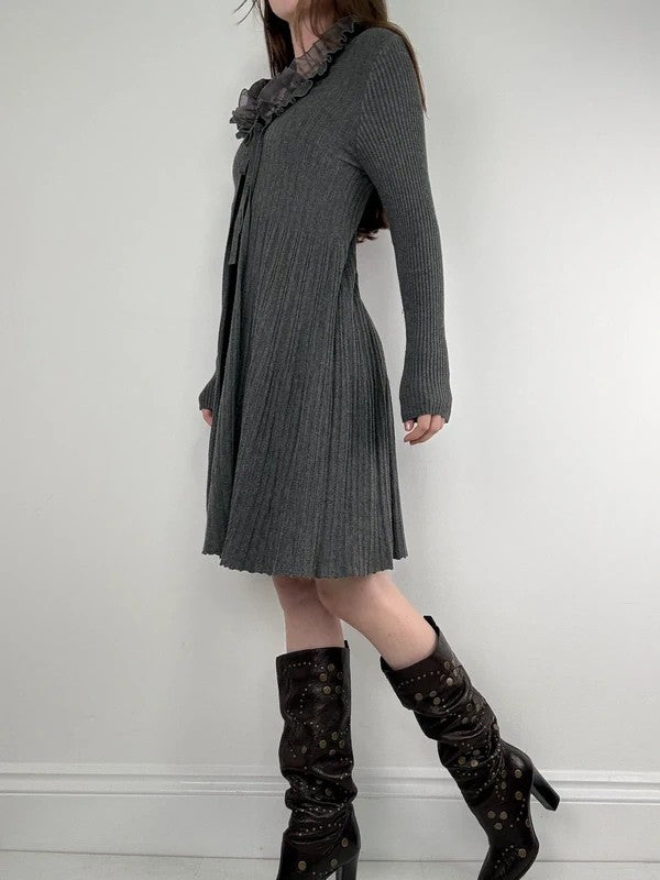 ribbed knit flutter grey long ruffle cardigan