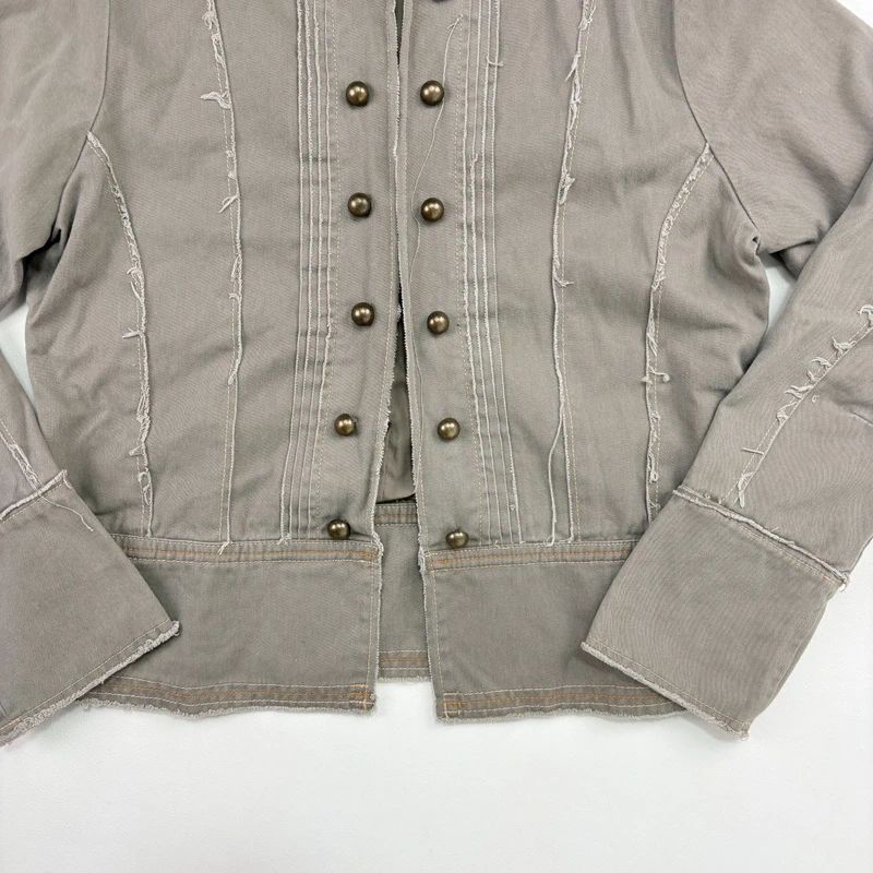 khaki military cotton utility jacket with hook and eyes