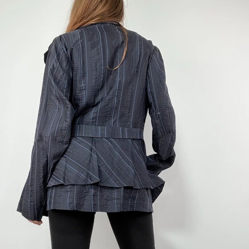 Navy Pinstripe Asymmetric Ruffle Jacket