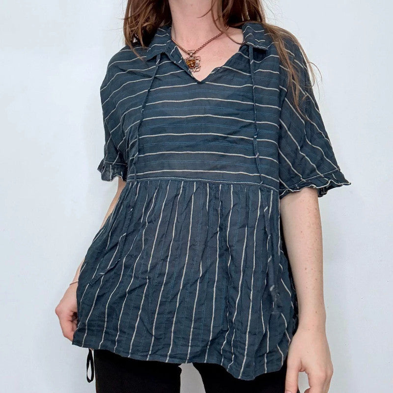 navy cotton striped flared shirt