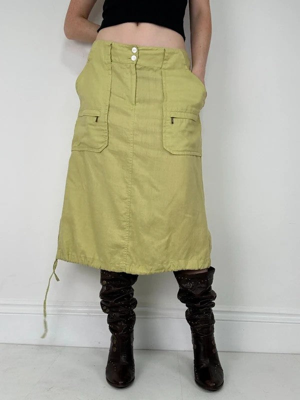 green Chartreuse 100% linen cargo grunge midi skirt