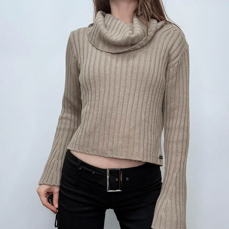tan ribbed flared fold-over neck jumper