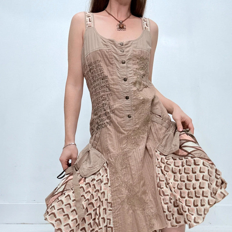 brown flared pinstriped patchwork grunge dress